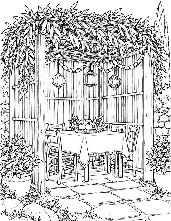Coloring page of the inside of a sukkah with a table set for a festival meal