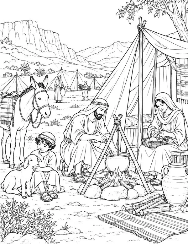 Coloring page of an Israelite family camped in the wilderness with a tent, a donkey, a lamb, and a cooking pot over a fire