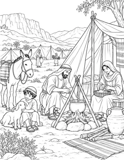 Coloring page of an Israelite family camped in the wilderness with a tent, a donkey, a lamb, and a cooking pot over a fire