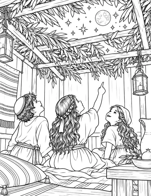 Sukkot coloring page of three children inside a sukkah at night, pointing up at the moon and stars through the branch roof