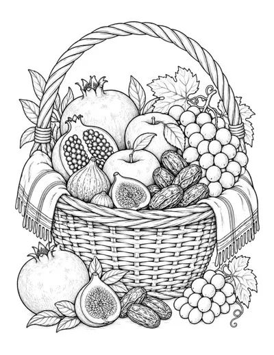 Sukkot coloring page of a woven harvest basket overflowing with pomegranates, grapes, figs, apples, and dates