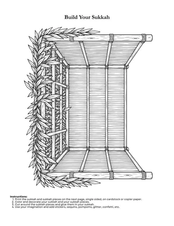 Build Your Sukkah paper craft template with walls, roof, and folding instructions