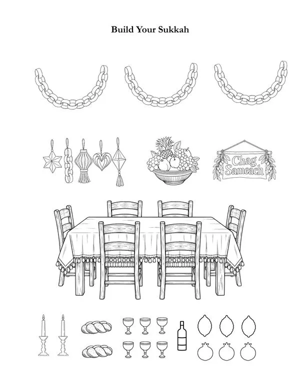 Cutout decorations for the paper sukkah craft: garlands, a table and chairs, candles, challah, etrogs, and pomegranates