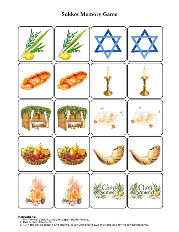 Sukkot memory game with twenty matching cards of the lulav and etrog, challah, a sukkah, a Torah scroll, and more