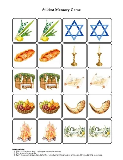 Sukkot memory game with twenty matching cards of the lulav and etrog, challah, a sukkah, a Torah scroll, and more