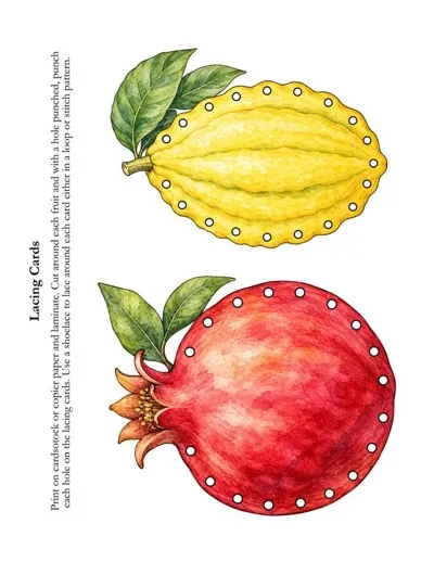 Etrog and pomegranate lacing cards for children to thread with yarn