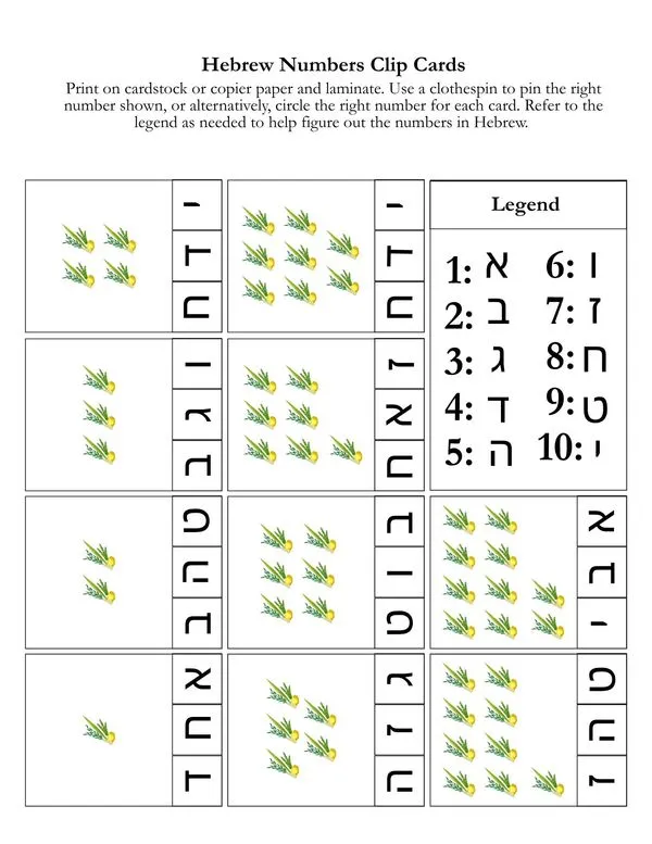 Hebrew number clip cards counting lulavs from one to ten