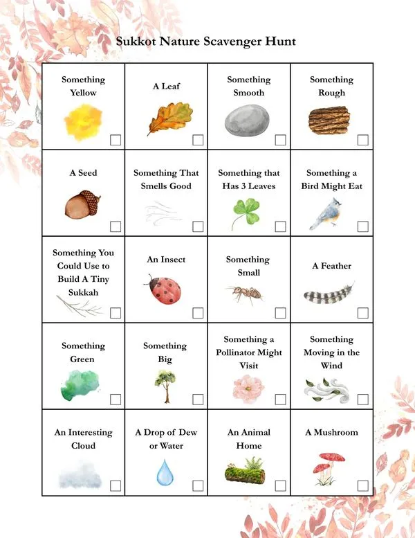 Sukkot nature scavenger hunt grid with twenty things to find outside