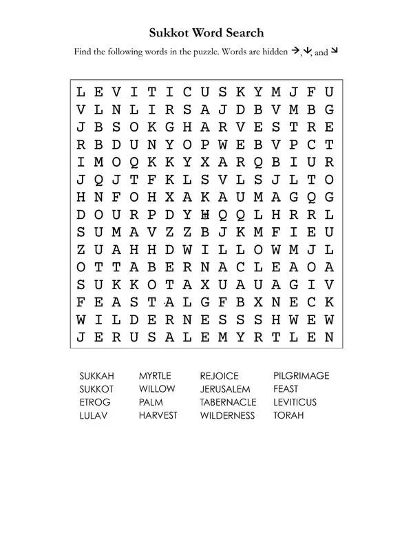 Sukkot word search puzzle with vocabulary like sukkah, lulav, etrog, harvest, rejoice, and tabernacle