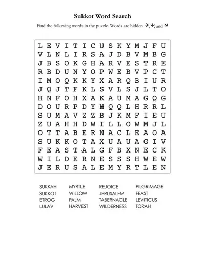 Sukkot word search puzzle with vocabulary like sukkah, lulav, etrog, harvest, rejoice, and tabernacle