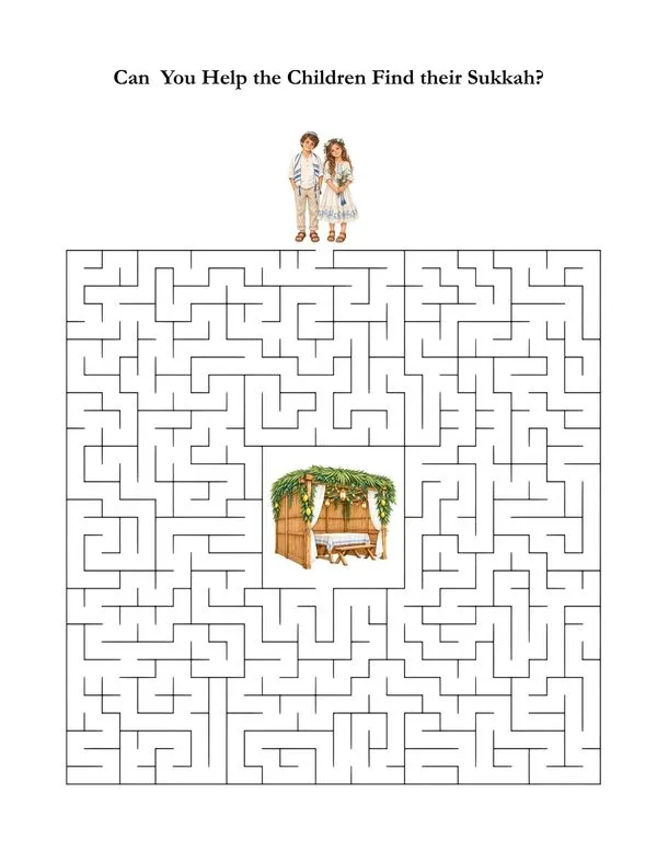Sukkot maze asking children to help two kids find their way to the sukkah