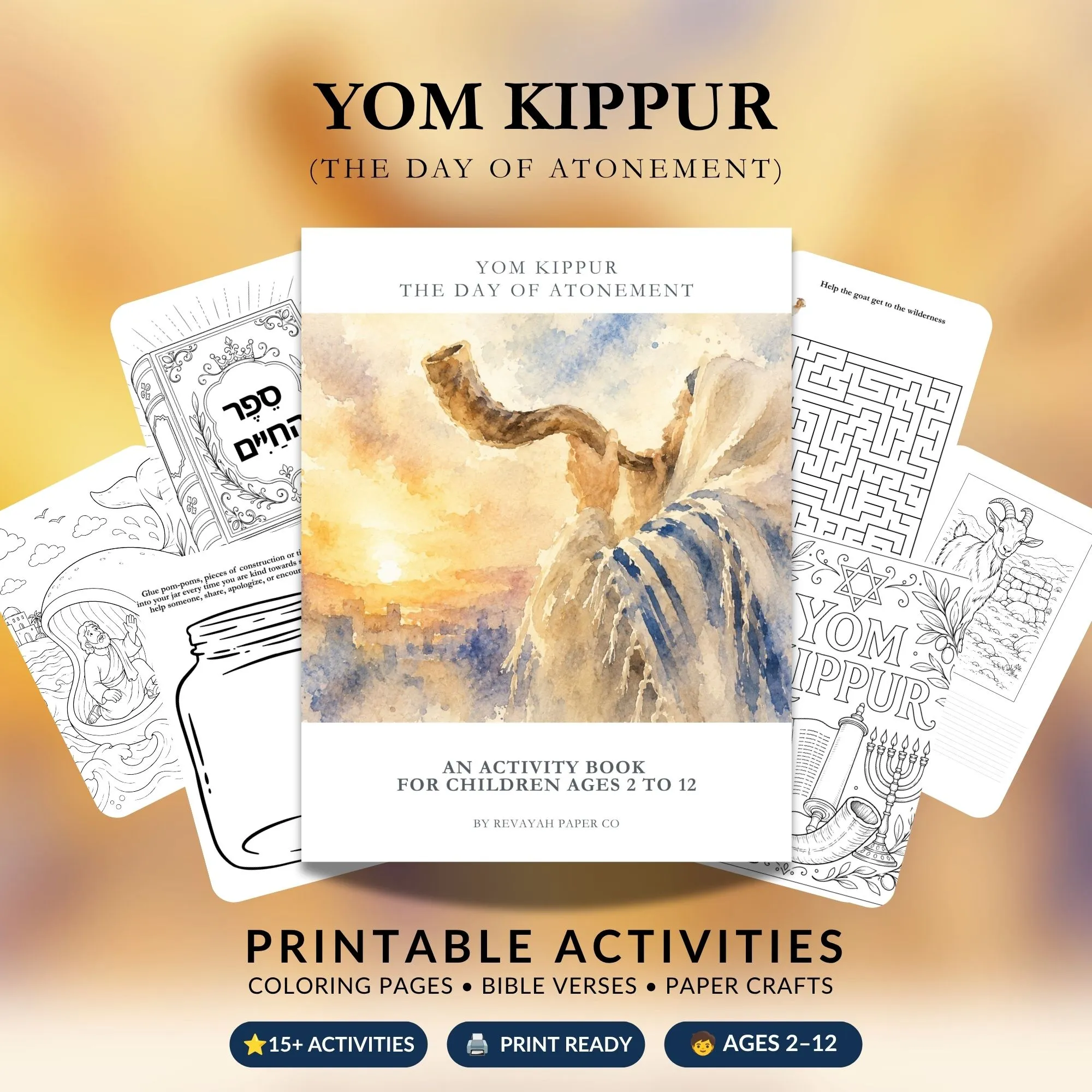 Yom Kippur (Day of Atonement) printable activity book cover with a watercolor shofar blower, surrounded by fanned-out coloring pages, a maze, and a kindness jar page