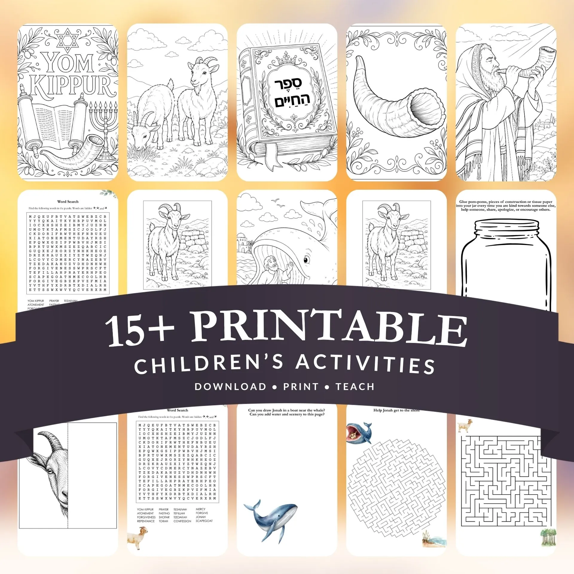 Grid of 15 Yom Kippur printable pages for kids, including coloring pages, a word search, mazes, a goat mirror drawing, and a kindness jar