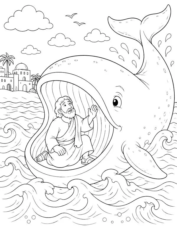 Yom Kippur coloring page of Jonah kneeling inside the open mouth of a great fish at sea, with Nineveh on the shore