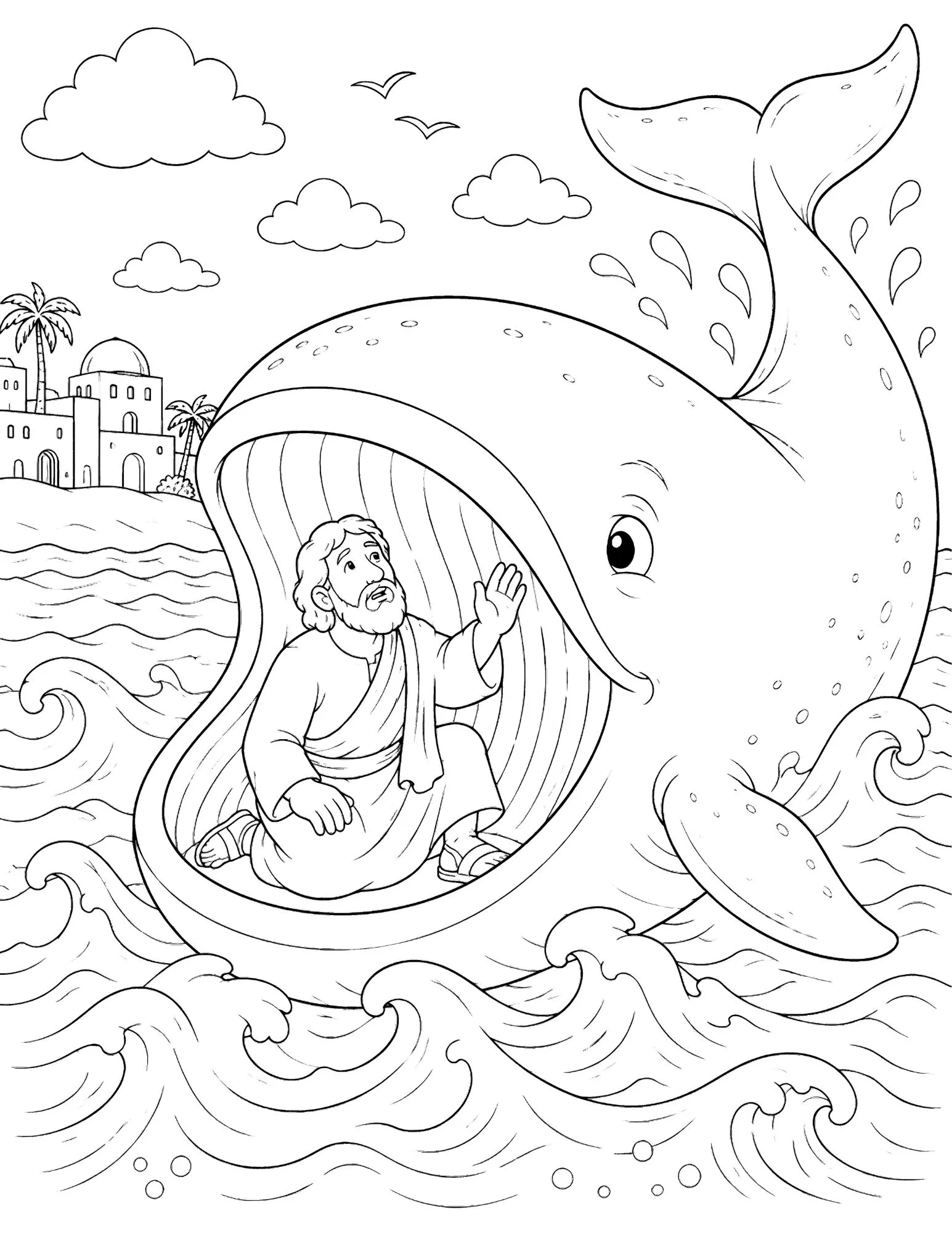 Yom Kippur coloring page of Jonah kneeling inside the open mouth of a great fish at sea, with Nineveh on the shore