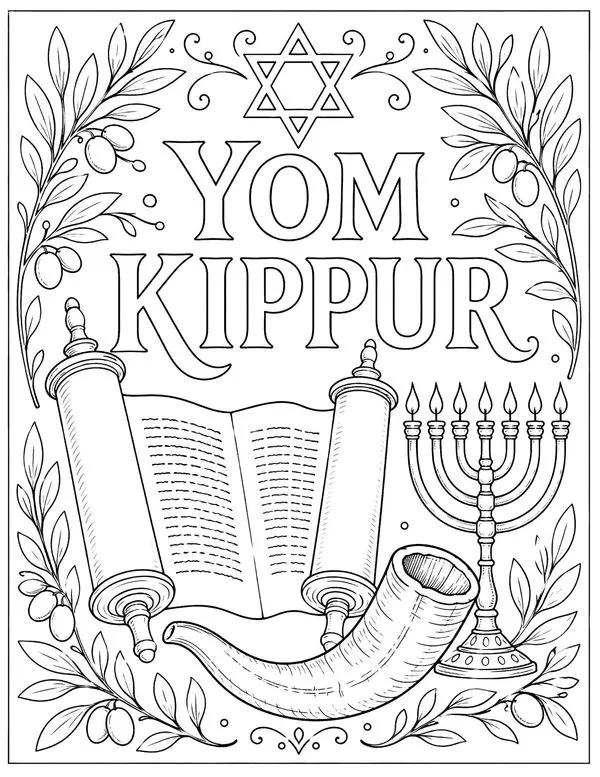 Yom Kippur lettering coloring page with a Star of David, Torah scroll, shofar, menorah, and olive branches