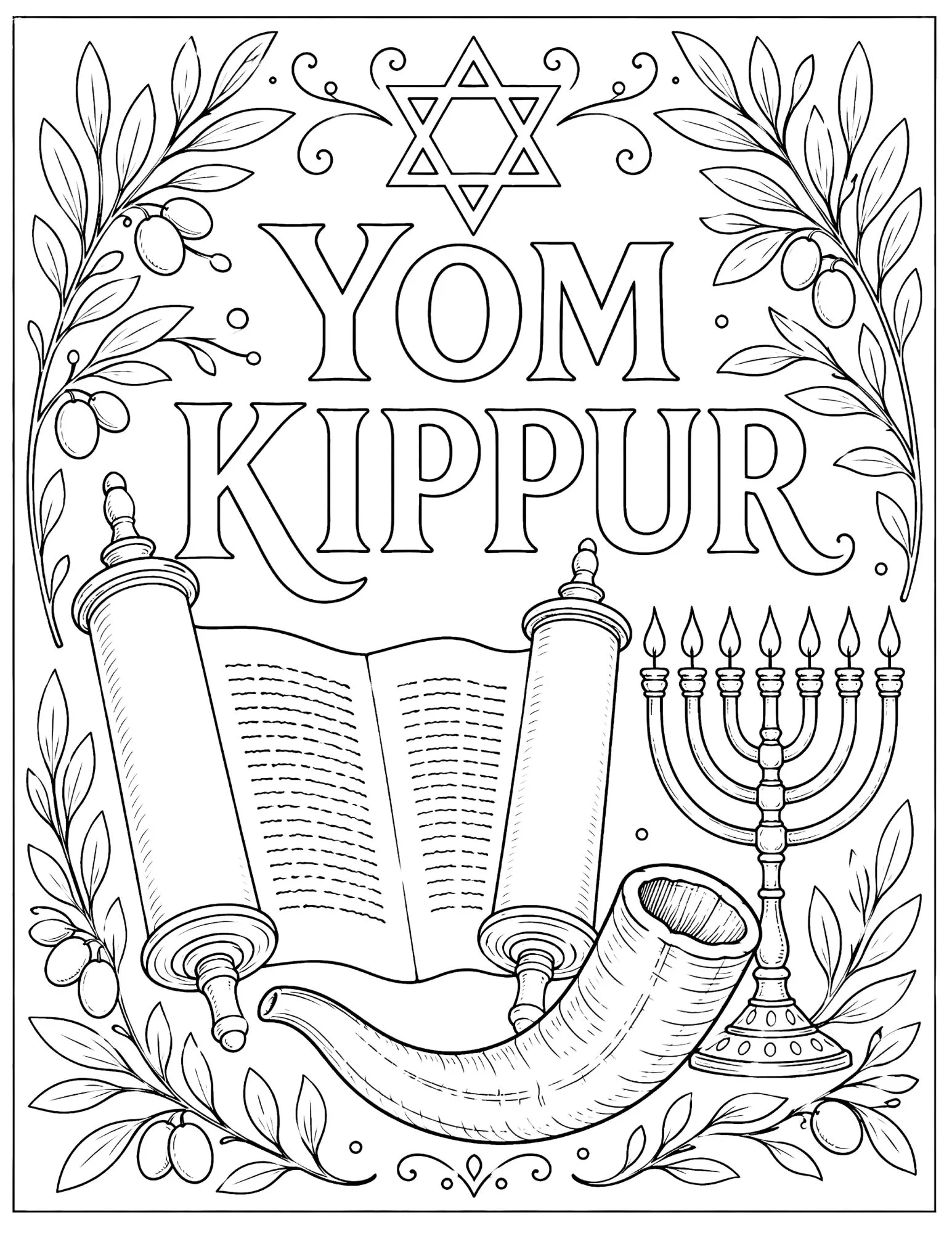 Yom Kippur lettering coloring page with a Star of David, Torah scroll, shofar, menorah, and olive branches