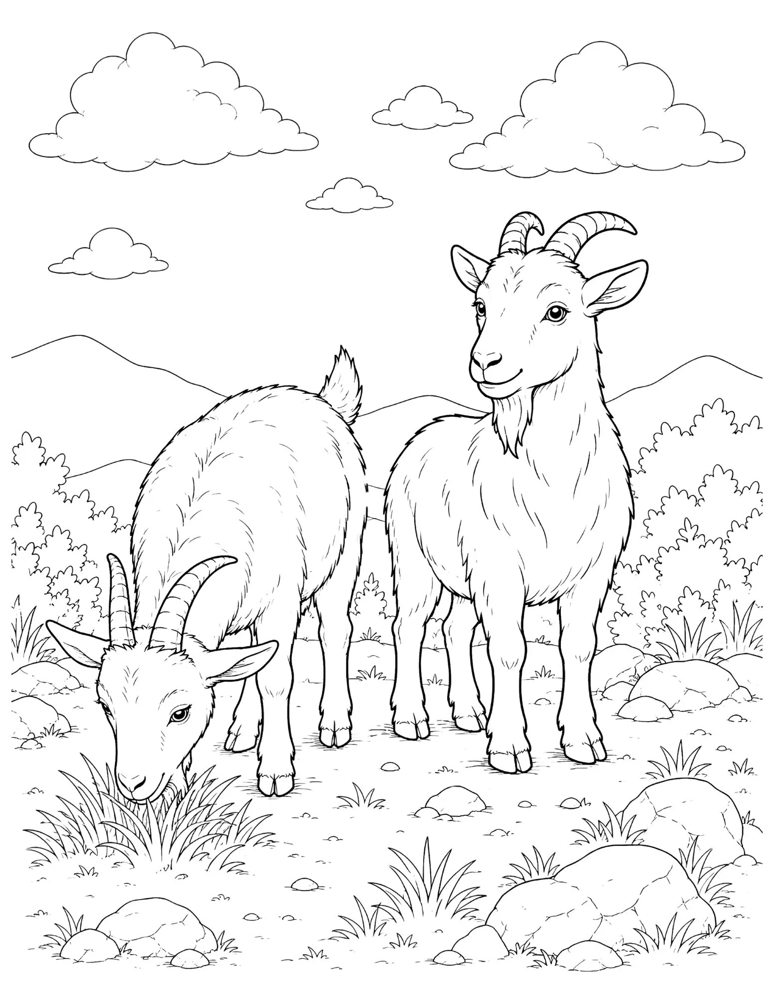 Coloring page of the two goats of Yom Kippur from Leviticus 16 in a rocky field