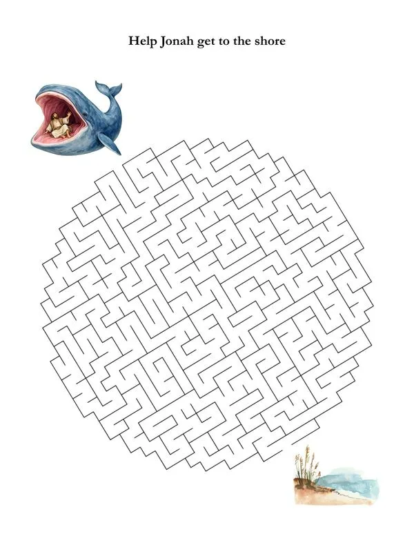 Circular Jonah maze leading from the great fish to the shore