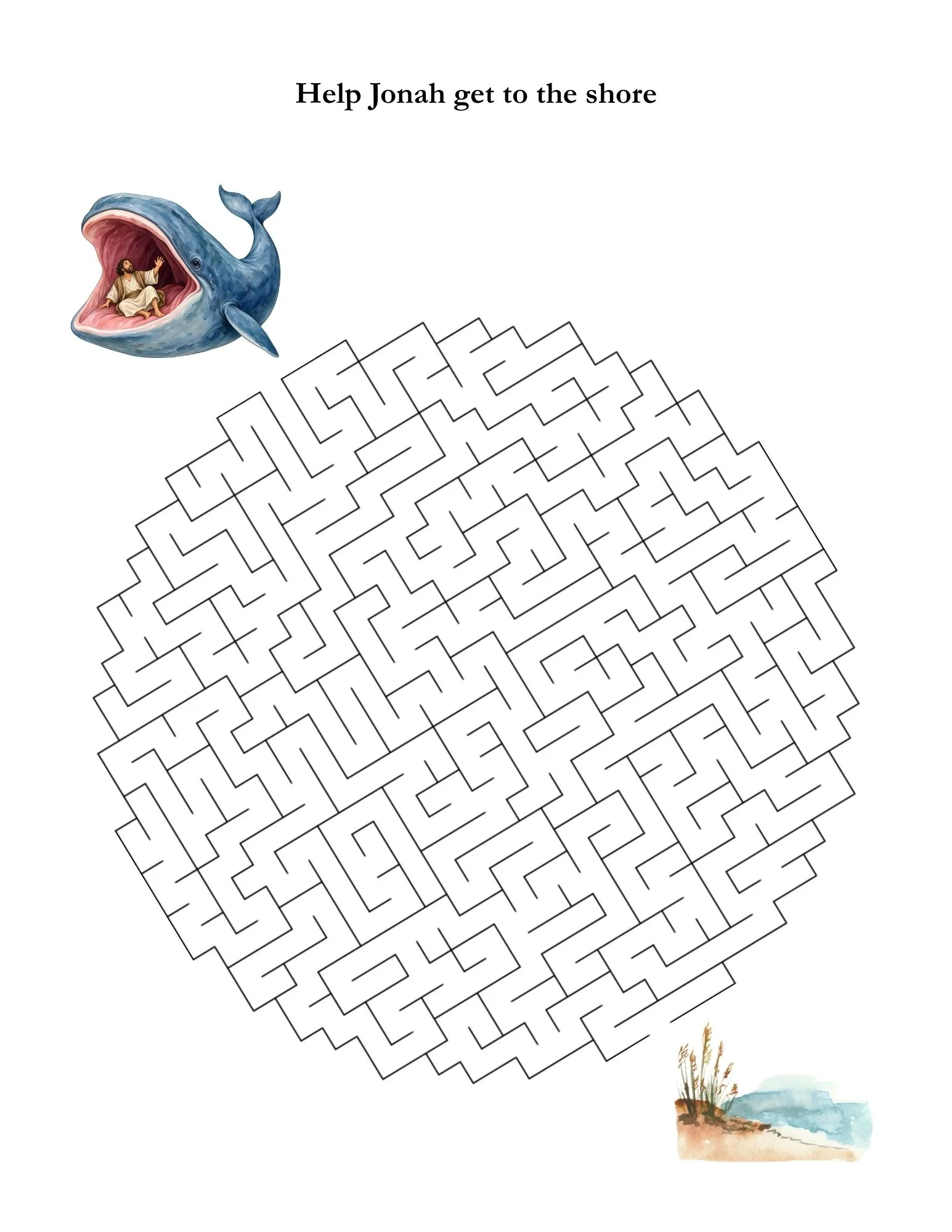 Circular Jonah maze leading from the great fish to the shore